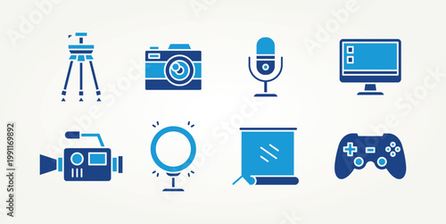 minimalist set of youtube content creator & streaming flat icons vector illustration design. camera, microphone, live streaming and more