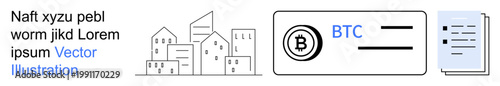 Cryptocurrency, urban development, digital currency, blockchain, financial documentation, investment. Bitcoin symbol, cityscape and financial document. Cryptocurrency and urban development