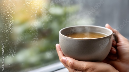 Warm Ceramic Bowl of Steaming Soup Held Near a Window with Raindrops