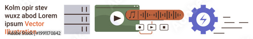 Digital media, data processing, cloud computing, server technology, online streaming, video playback. Features a server, media player icons a music waveform and a gear icon. Digital media and data