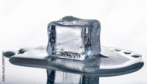 Melting Transparent Ice Cube With Water Puddle And Glossy Surface Detail Isolated On White Background