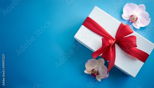 Elegant Gift Box With Red Ribbon And Orchid Flowers On Light Blue Background For Celebratory Occasions