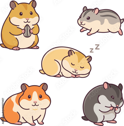 Cute set of cartoon hamsters in different poses, colorful vector illustration isolated on white background, ideal for pet, animal, and kawaii design themes.