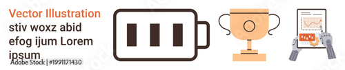 Achievement, motivation, data analysis, success tracking, energy management, reward systems. Battery icon, trophy and tablet with a chart. Achievement and motivation concept