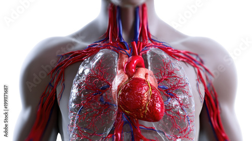 Anatomical Artistry: A detailed anatomical rendering showcasing the human heart in its chest cavity, with arteries, veins, and lungs. Revealing intricate medical illustration.