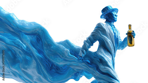 Azure Dream: A surreal portrait of a figure, crafted in serene blue hues, is gracefully intertwined with flowing waves, holding a gleaming bottle, inviting contemplation.