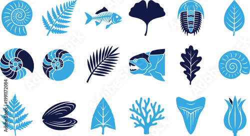 Collection of fossil icons including shells leaves fish and prehistoric creatures in blue.