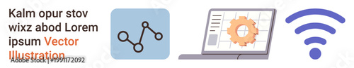 Technology, data management, communication, wireless networking, analytics, digital tools. Software window with gear, graph and wireless icon. Technology and data management