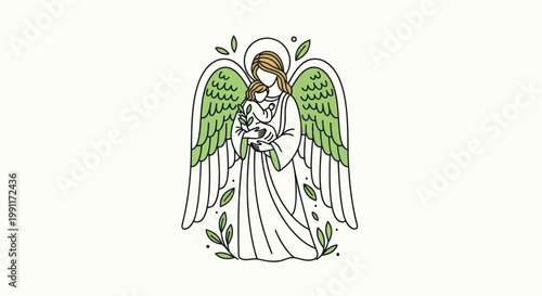 Angel holding a dove with wings and halo.