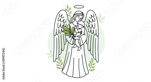 Angel Holding Baby With Halo And Wings.