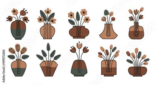 Collection of abstract potted plants and flowers in vases.