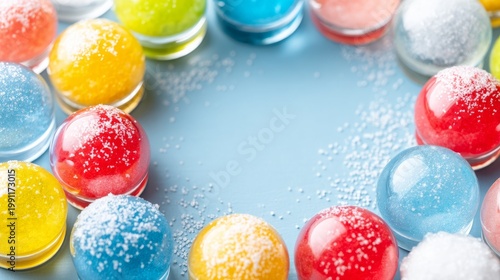 Colorful Candy Globes Arranged Neatly in a Border Layout on Blue Background
