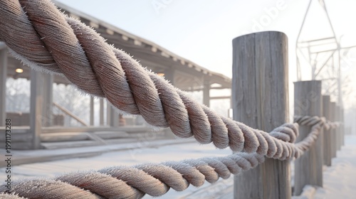 Frosty Rope Tensioned Between Wooden Posts in a Winter Landscape Scene