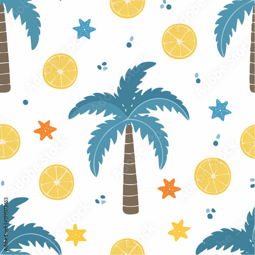 Summer seasonal Mediterranean seamless pattern background vector. Italian wallpaper of coconut tree, lemon, coral, flower. Summer doodle design for fabric, prints, banner, packaging, tile.