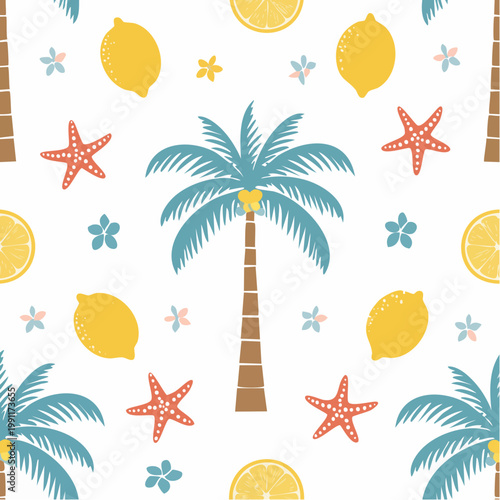 Summer seasonal Mediterranean seamless pattern background vector. Italian wallpaper of coconut tree, lemon, coral, flower. Summer doodle design for fabric, prints, banner, packaging, tile.