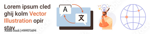 Translation services, multilingual communication, global education, international travel, remote learning, linguistics. Language icons on a screen and a thinking person. Translation services