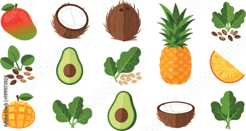 Tropical fruits and leafy greens collection with avocado coconut pineapple mango and seeds healthy food flat vector illustration set