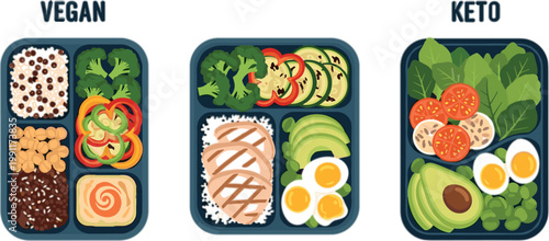 Vegan and keto diet meal prep containers with healthy food portions vegetables protein and low carb nutrition flat vector illustration