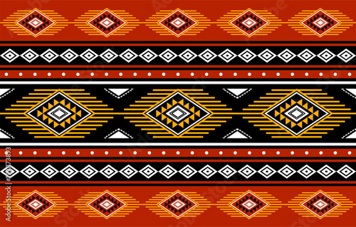 Ethnic geometric seamless pattern with traditional tribal motifs in horizontal stripes. Featuring bold red, black, white, and yellow tones with symmetrical diamond shapes. Inspired by woven textile