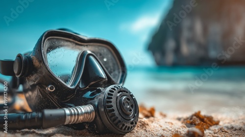 Diving Equipment on Sandy Beach with Tank and Regulator Near Crystal Water