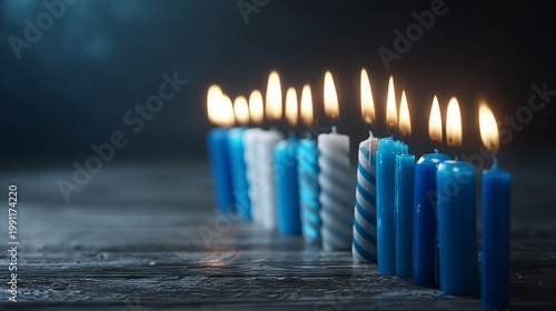 Blue and White Candles with Flames Illuminating a Dark Background