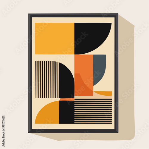 Mid century modern abstract poster set for home decor. Geometric retro wall art with black, ochre, and beige shapes for contemporary interior decoration. 