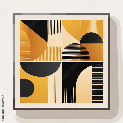 Mid century modern abstract poster set for home decor. Geometric retro wall art with black, ochre, and beige shapes for contemporary interior decoration. 