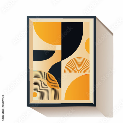 Mid century modern abstract poster set for home decor. Geometric retro wall art with black, ochre, and beige shapes for contemporary interior decoration. 
