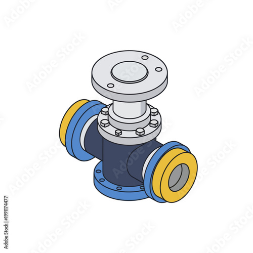 Industrial Pipe Flange Valve with Blue and Yellow Accents.