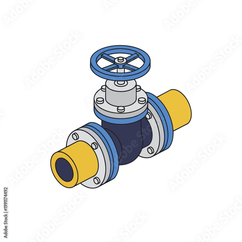 Industrial Pipeline Valve with Flanges and Yellow Pipe Ends.