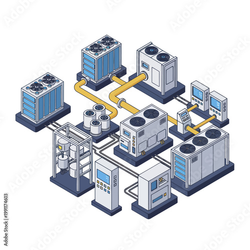 Isometric illustration of a complex industrial cooling and heating system with interconnected units.