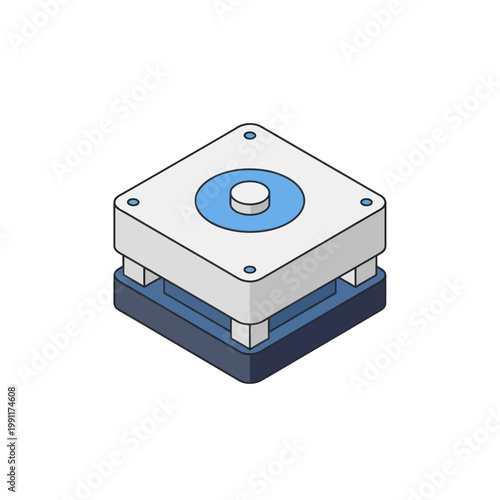 Isometric illustration of a futuristic technological device with a circular button.