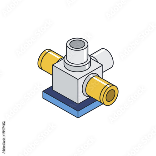 Isometric Illustration of a Four-Way Pipe Connector.