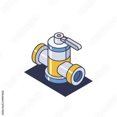 Isometric illustration of a industrial valve with yellow accents.