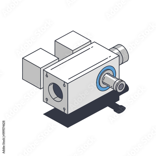 Isometric illustration of a mechanical device with two cubic components.