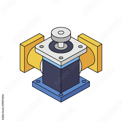 Isometric illustration of a stepper motor with mounting brackets.