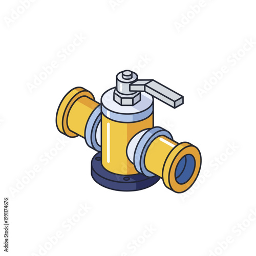 Isometric Illustration of a Yellow and Grey Industrial Valve with Two Pipe Connections.