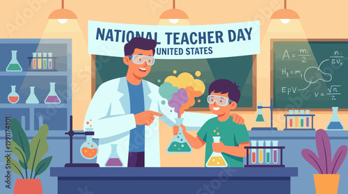National Teacher Day illustration with teacher and student in lab