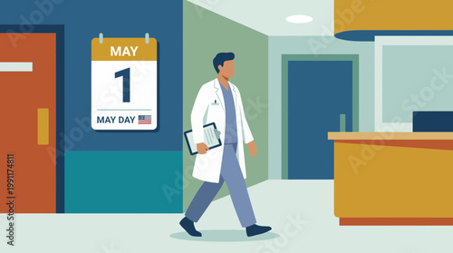 Doctor Walking in Hospital Corridor on May Day Illustration