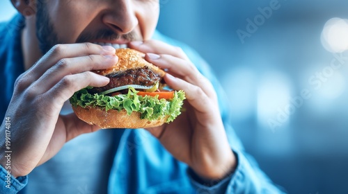 Close-Up Of Person Eating A Fresh Loaded Bun Sandwich With Fill Ingredients