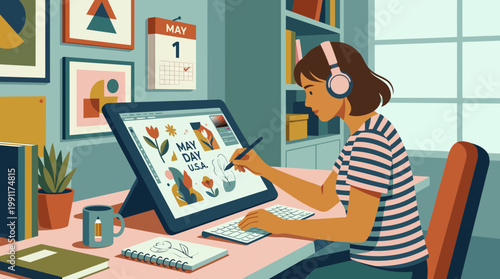 Female graphic designer working on digital tablet in home office