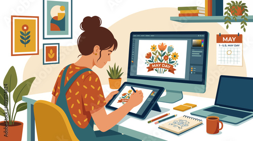 Graphic designer creating digital floral art in cozy home office
