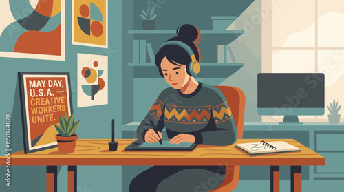 Creative Digital Artist Working on Graphics Tablet in Home Studio