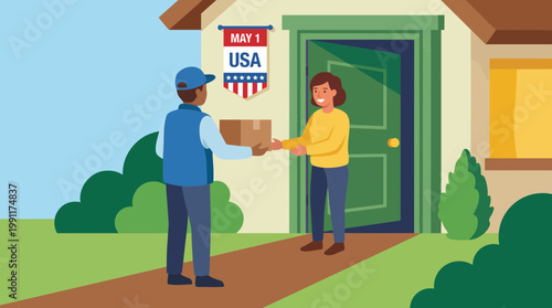 Courier Delivering Package to a Customer at Front Door Illustration