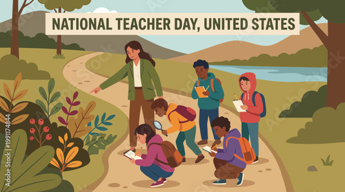 National Teacher Day Illustration of School Field Trip in Nature