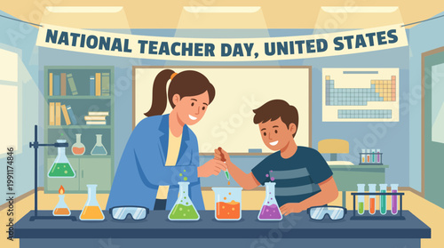 Teacher and student conducting science experiment in classroom lab