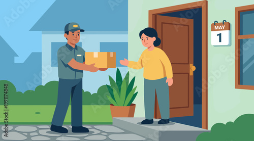 Courier delivering package to a woman at her home doorstep