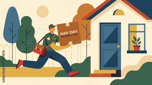 Fast Delivery Courier Running to House with May Day Package