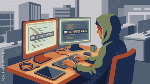 Hooded Programmer Working on Code with May Day Message on Screens