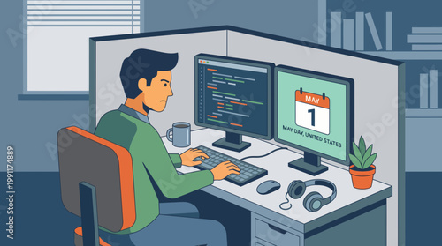 Software Developer Working on May Day Holiday in Office Cubicle